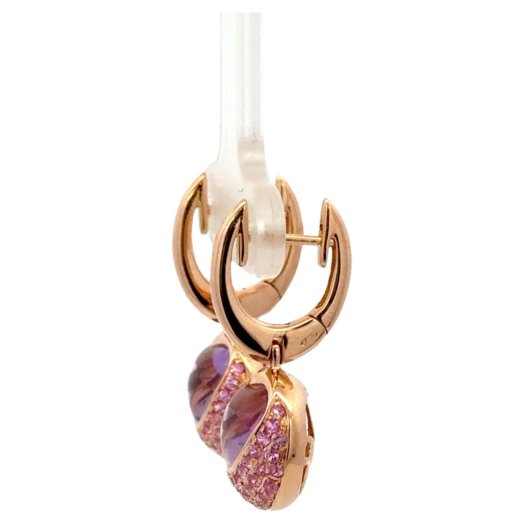 Contemporary Heart Amethyst Pink Sapphire Drop Earrings 4.57 CTTW 18 Karat Rose Gold 6 Grams For Sale