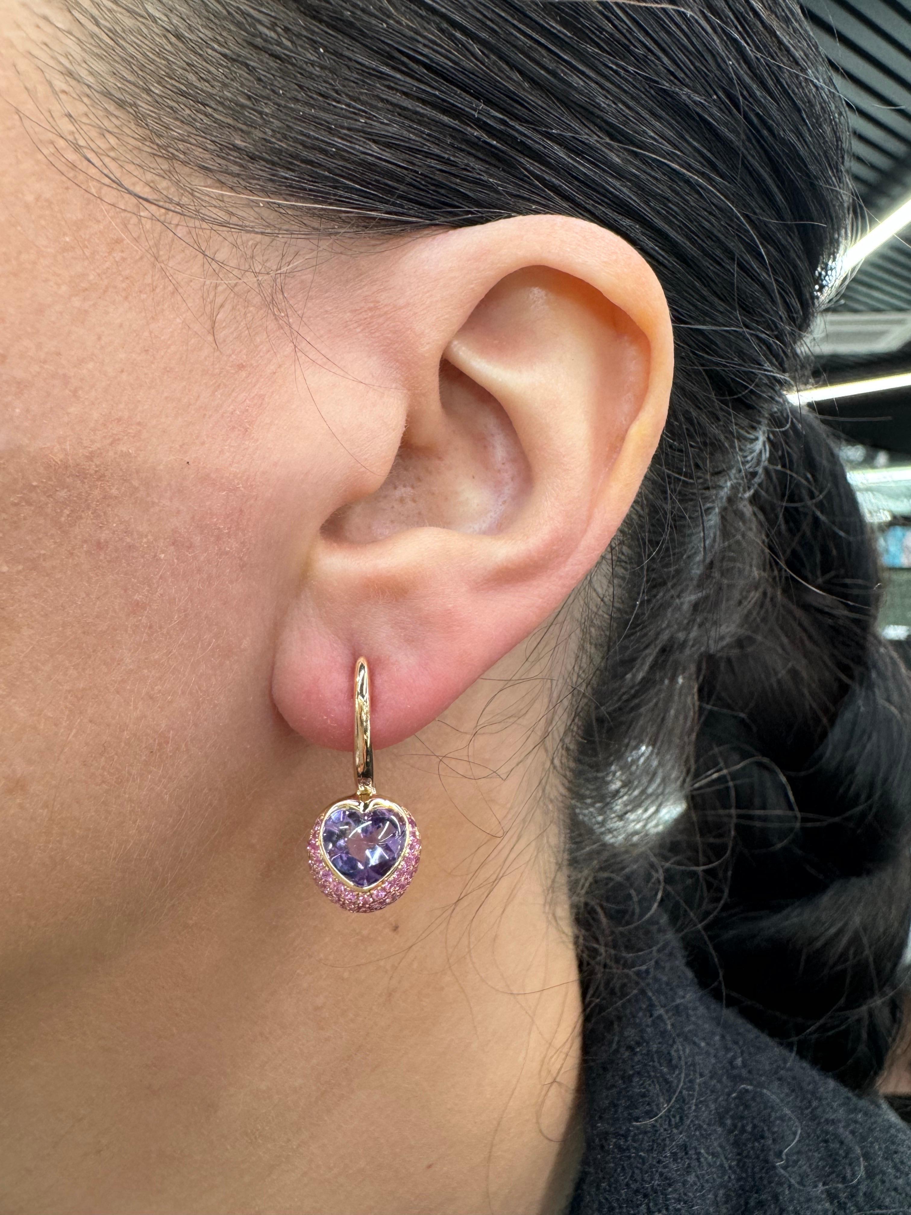 Heart Cut Heart Amethyst Pink Sapphire Drop Earrings 4.57 CTTW 18 Karat Rose Gold 6 Grams For Sale