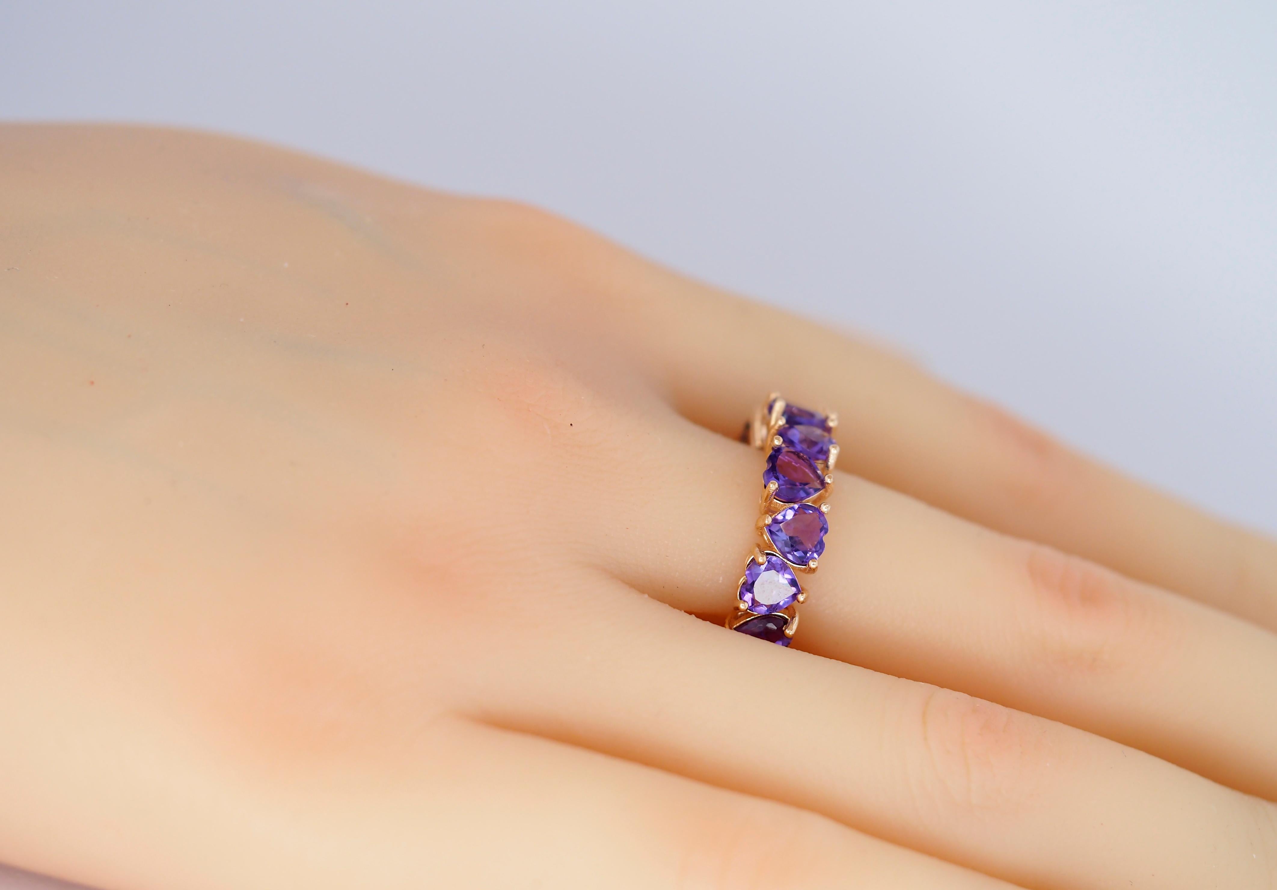 For Sale:  Heart Amethysts 14k Gold Eternity Ring 13