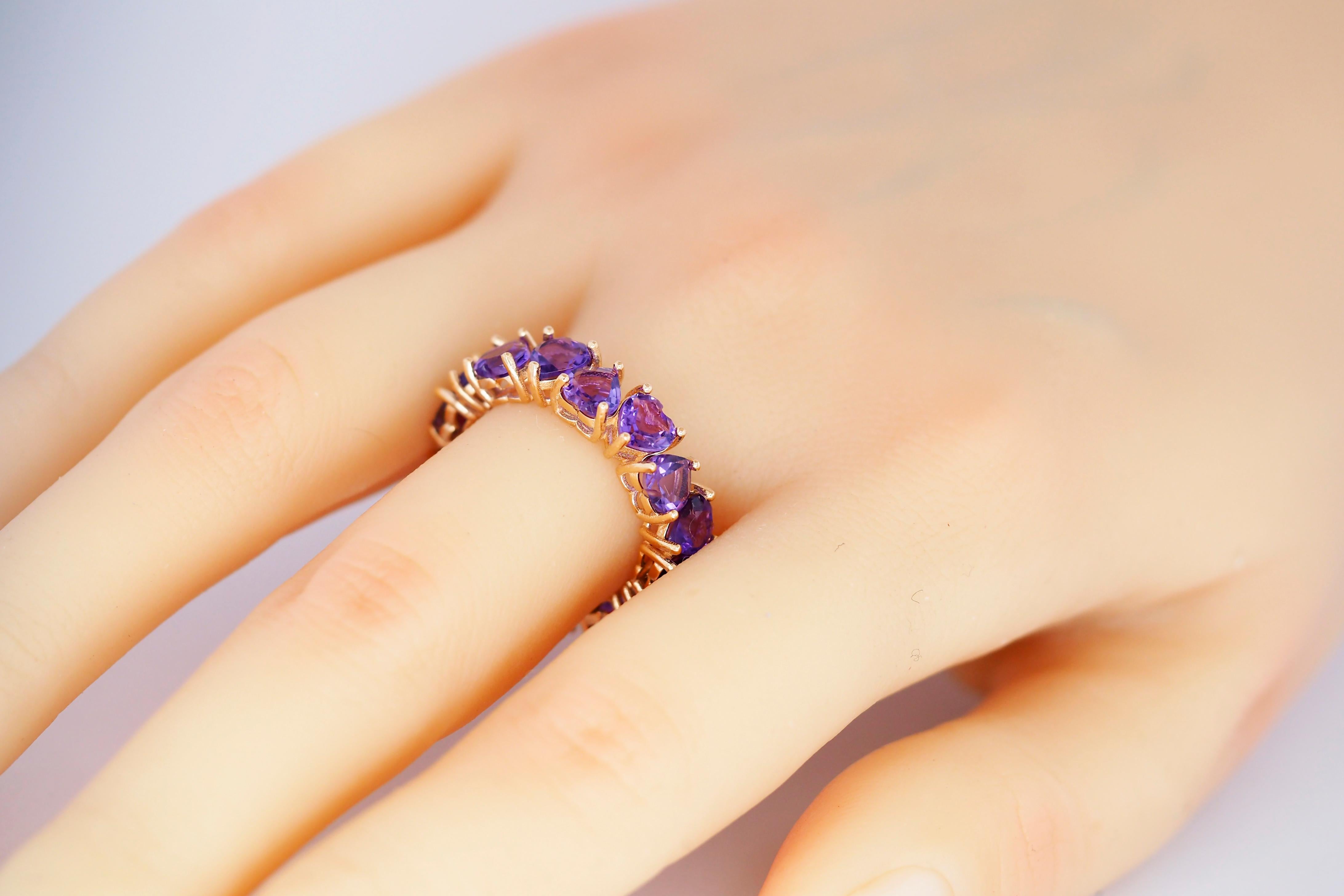 For Sale:  Heart Amethysts 14k Gold Eternity Ring 14