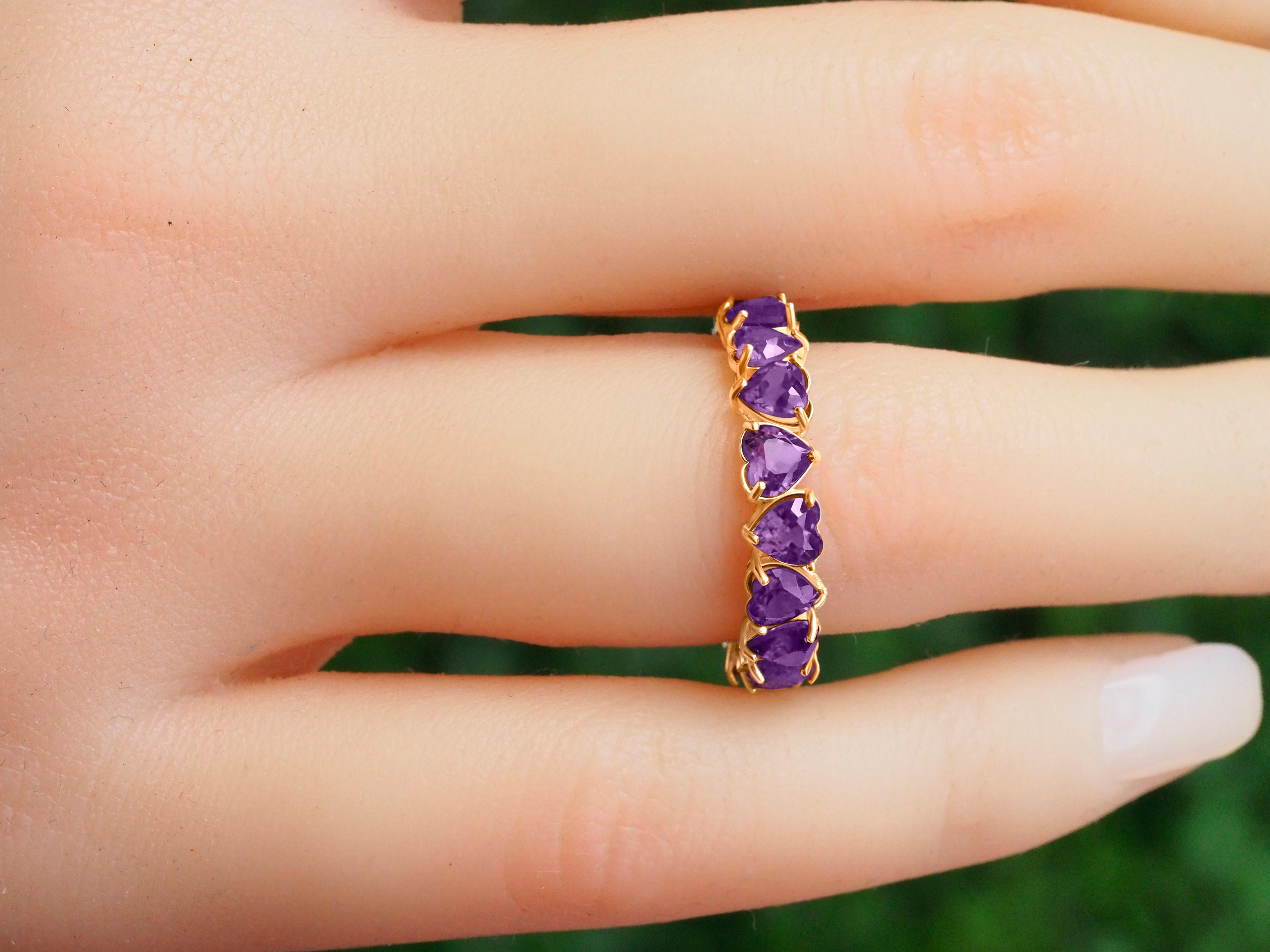For Sale:  Heart Amethysts 14k Gold Eternity Ring 7