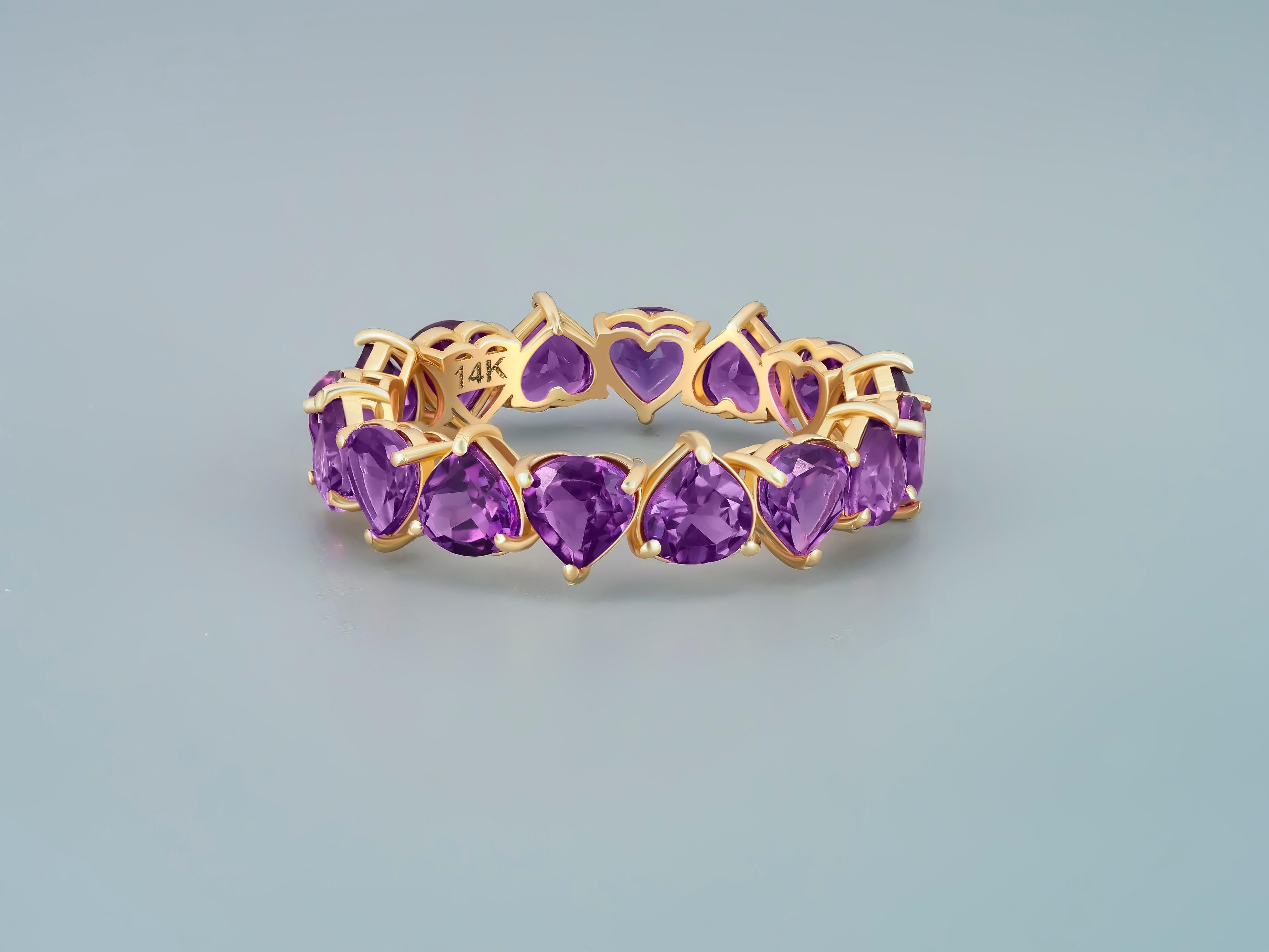 For Sale:  Heart Amethysts 14k Gold Eternity Ring 8