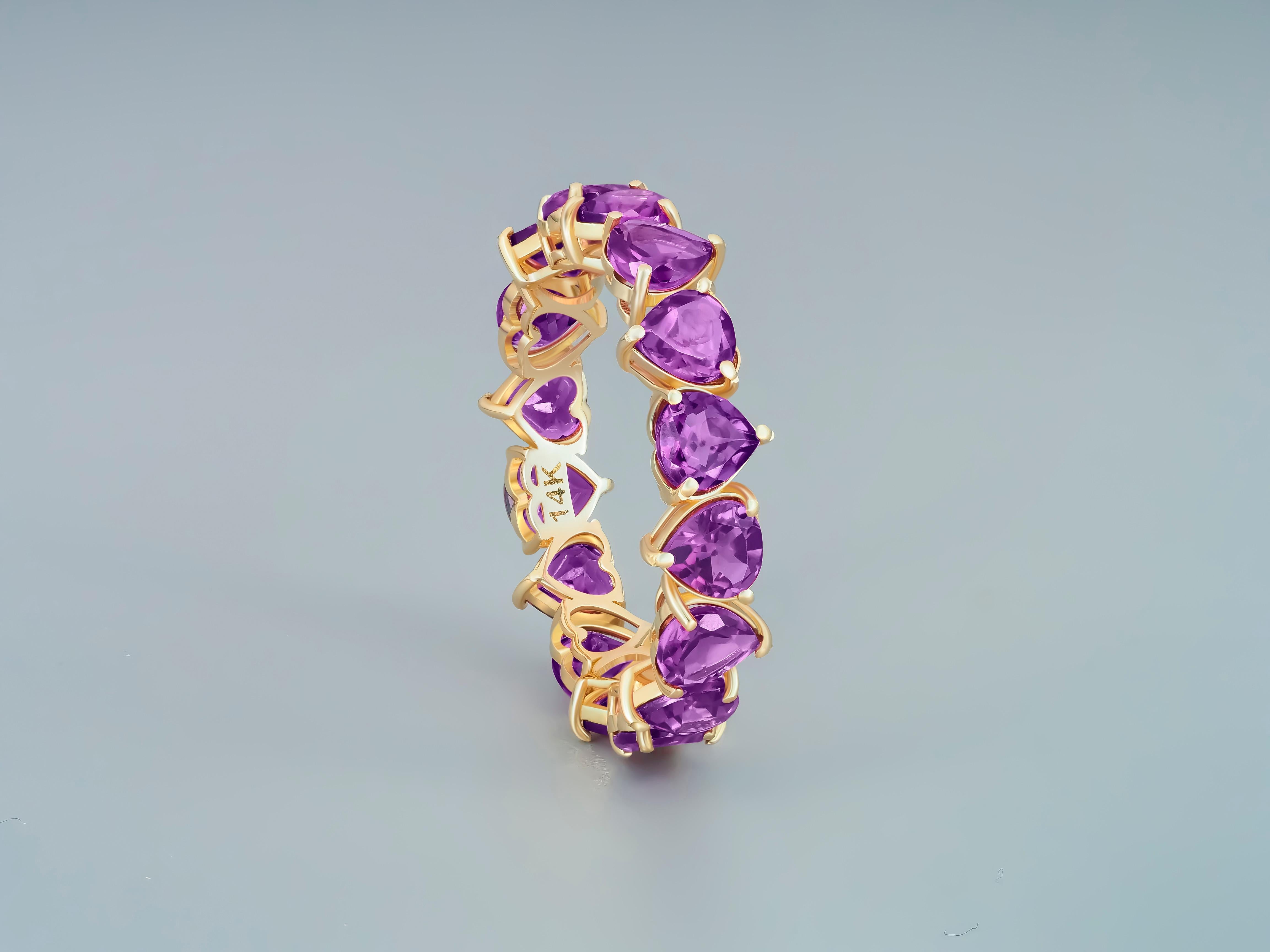 For Sale:  Heart Amethysts 14k Gold Eternity Ring 9