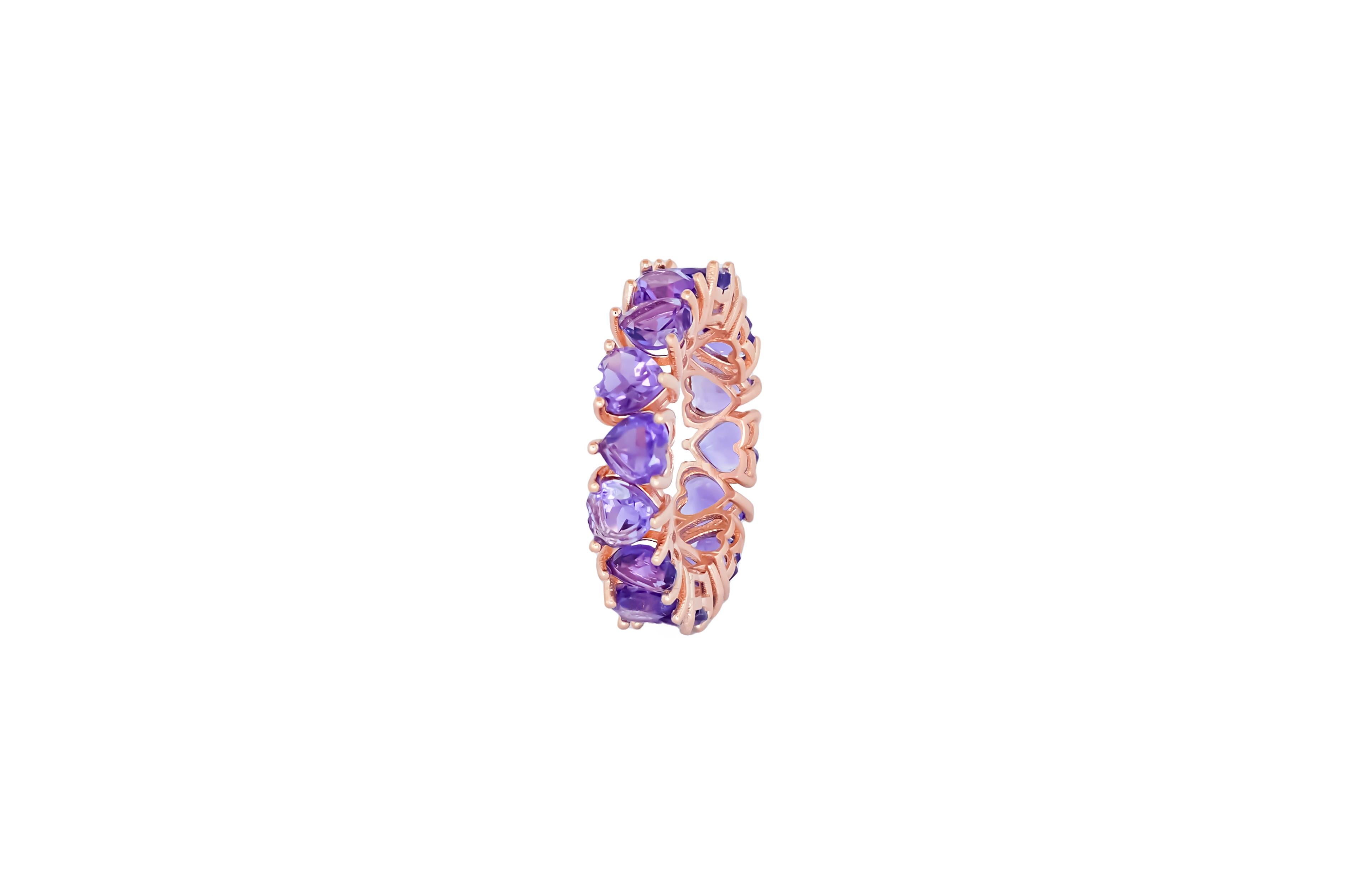 For Sale:  Heart Amethysts 14k Gold Eternity Ring 4