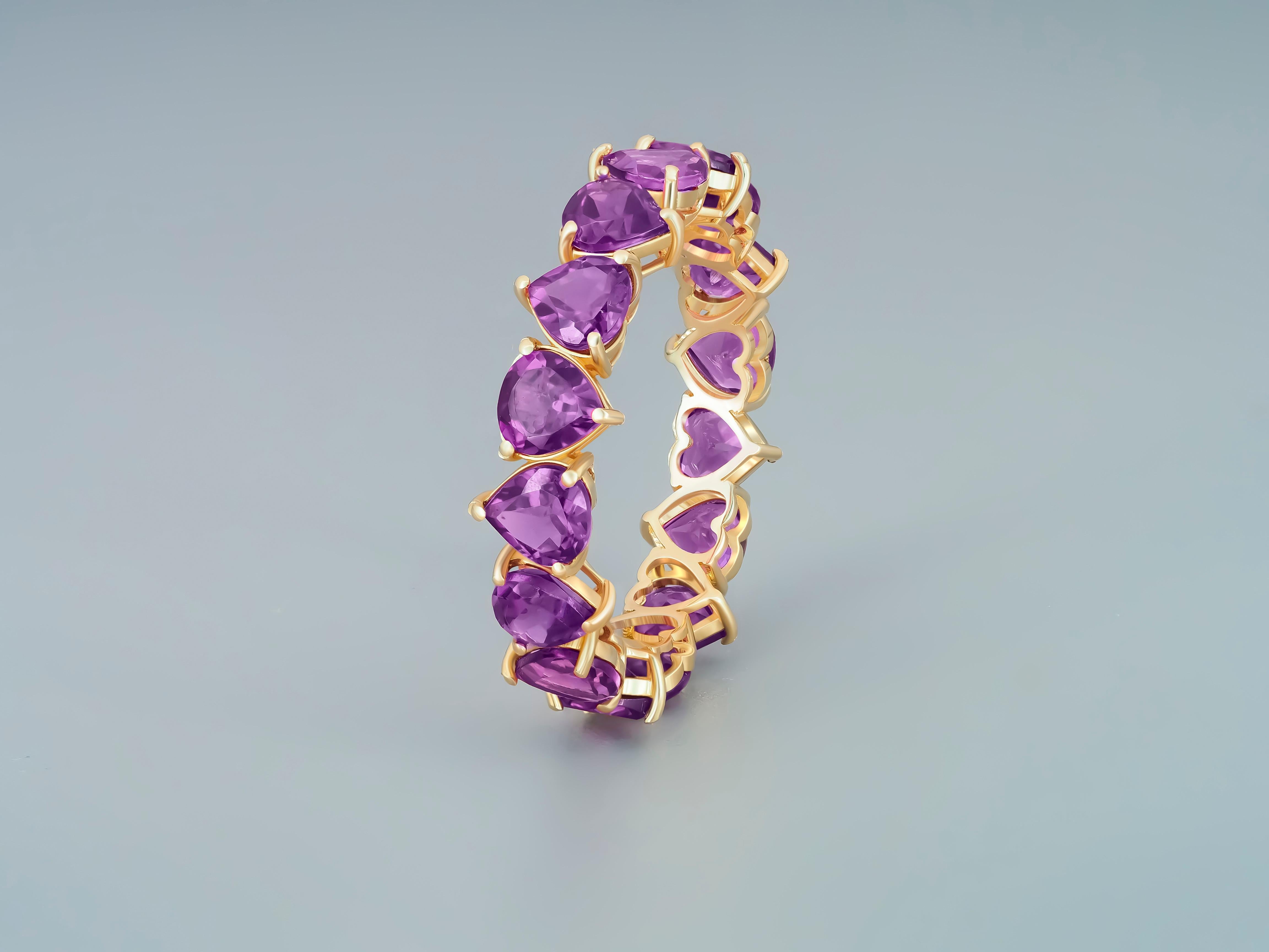 For Sale:  Heart Amethysts 14k Gold Eternity Ring 10