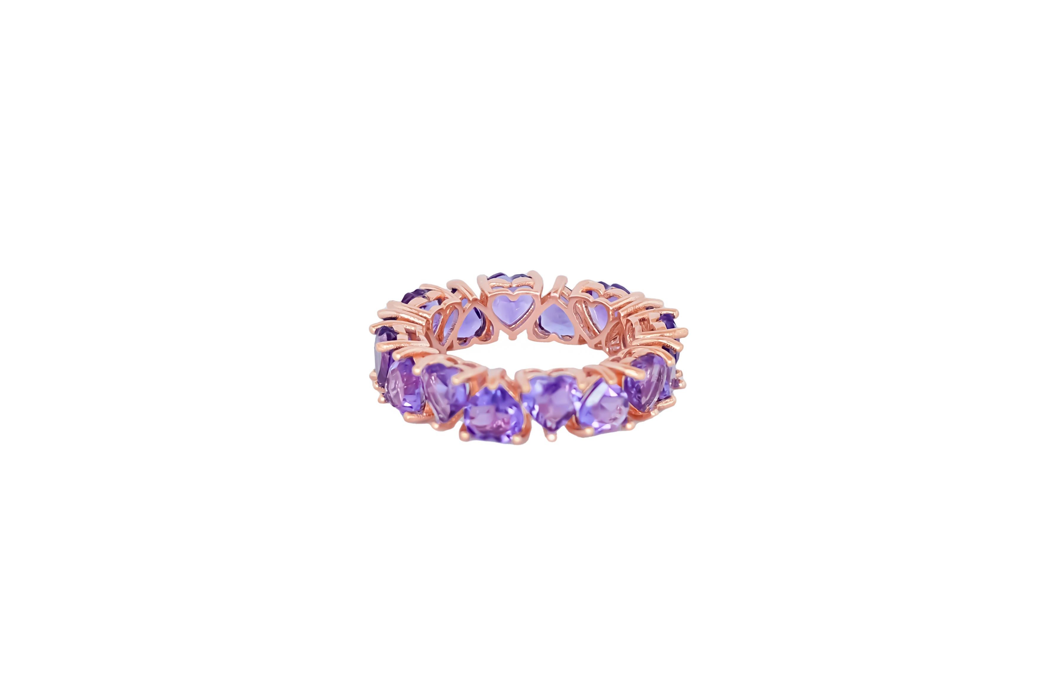 For Sale:  Heart Amethysts 14k Gold Eternity Ring 5