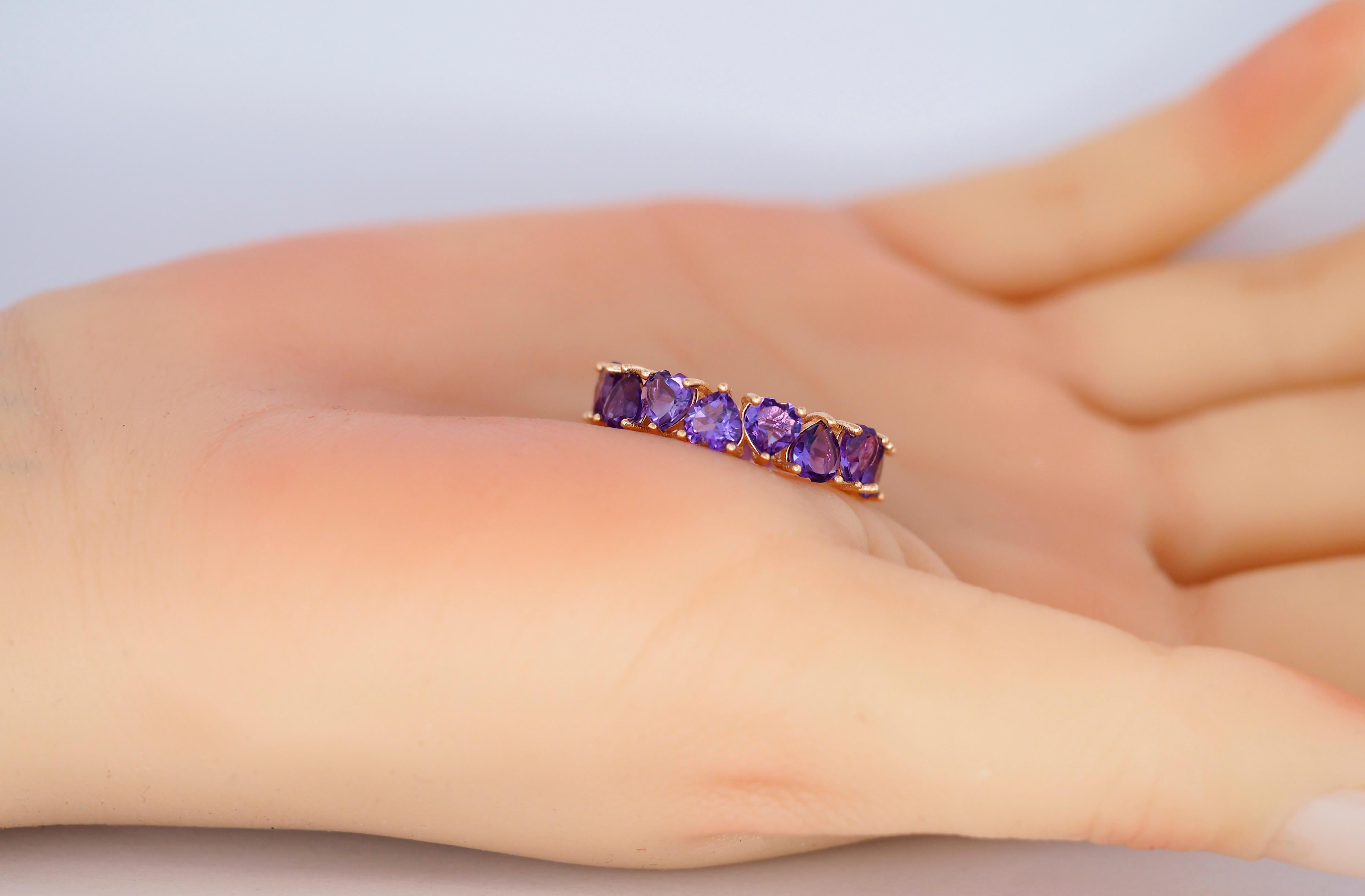 For Sale:  Heart Amethysts 14k Gold Eternity Ring 6