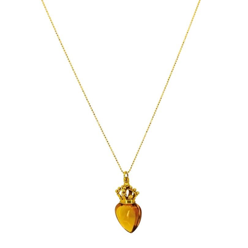 Women's or Men's Heart and Crown Pendant Citrine 14k Gold Necklace For Sale