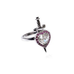 Heart and Dagger Ring in 18kt White Gold with Heart Shaped Diamond and Rubies