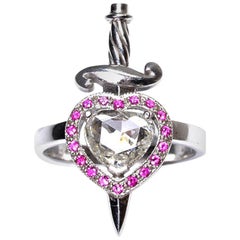 Heart and Dagger Ring in 18kt White Gold with Heart Shaped Diamond and Rubies