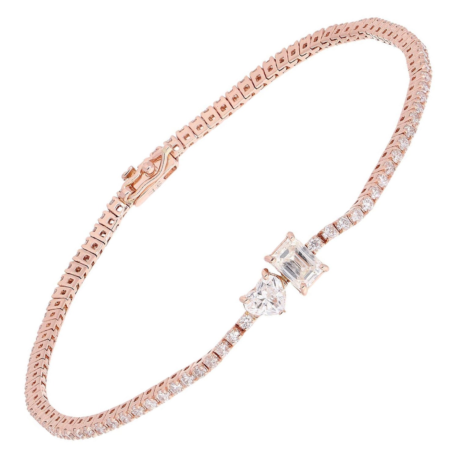 Pulsera de tenis de diamantes naturales talla corazón y esmeralda Oro rosa de 14 quilates Joyas finas en venta