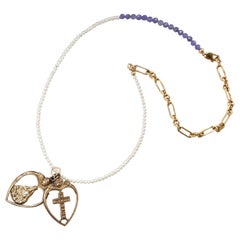 Herz-Engel-Kreuz-Halskette mit weißer Perle Tansanit  J Dauphin