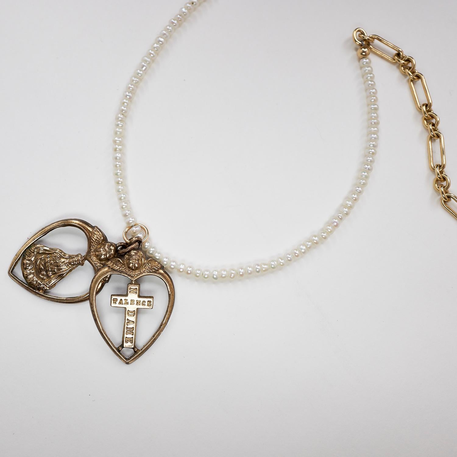 Heart Angel Cross Rosario Spiritual Religious White Pearl Tanzanite Necklace For Sale 1