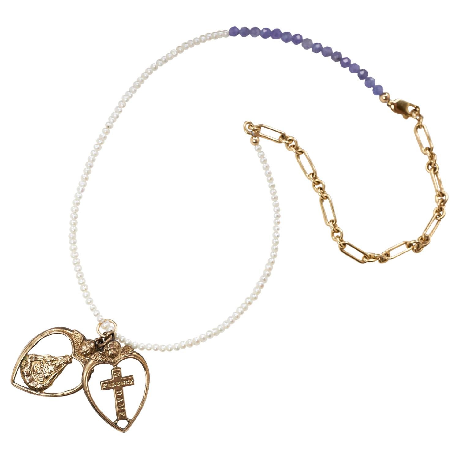 Herz-Engel-Kreuz Rosario Spiritual Religiöse Weiß Perle Tansanit Halskette (Viktorianisch) im Angebot