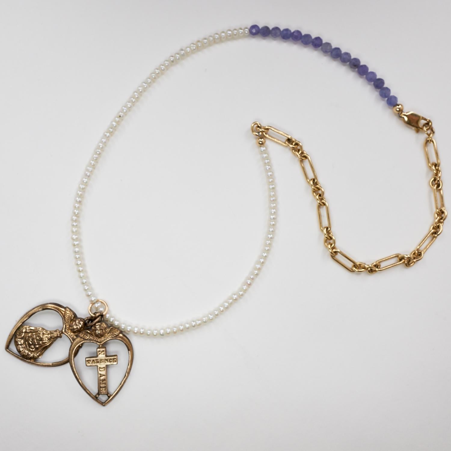 Bead Heart Angel Cross Rosario Spiritual Religious White Pearl Tanzanite Necklace For Sale