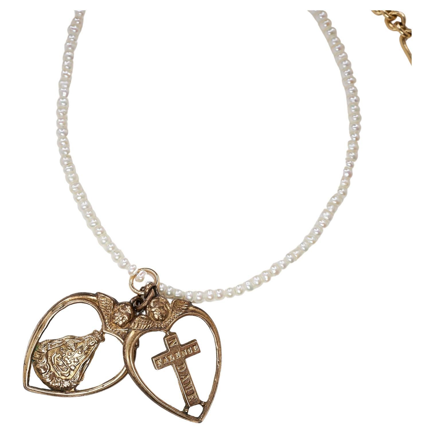 Heart Angel Cross Rosario Spiritual Religious White Pearl Tanzanite Necklace For Sale