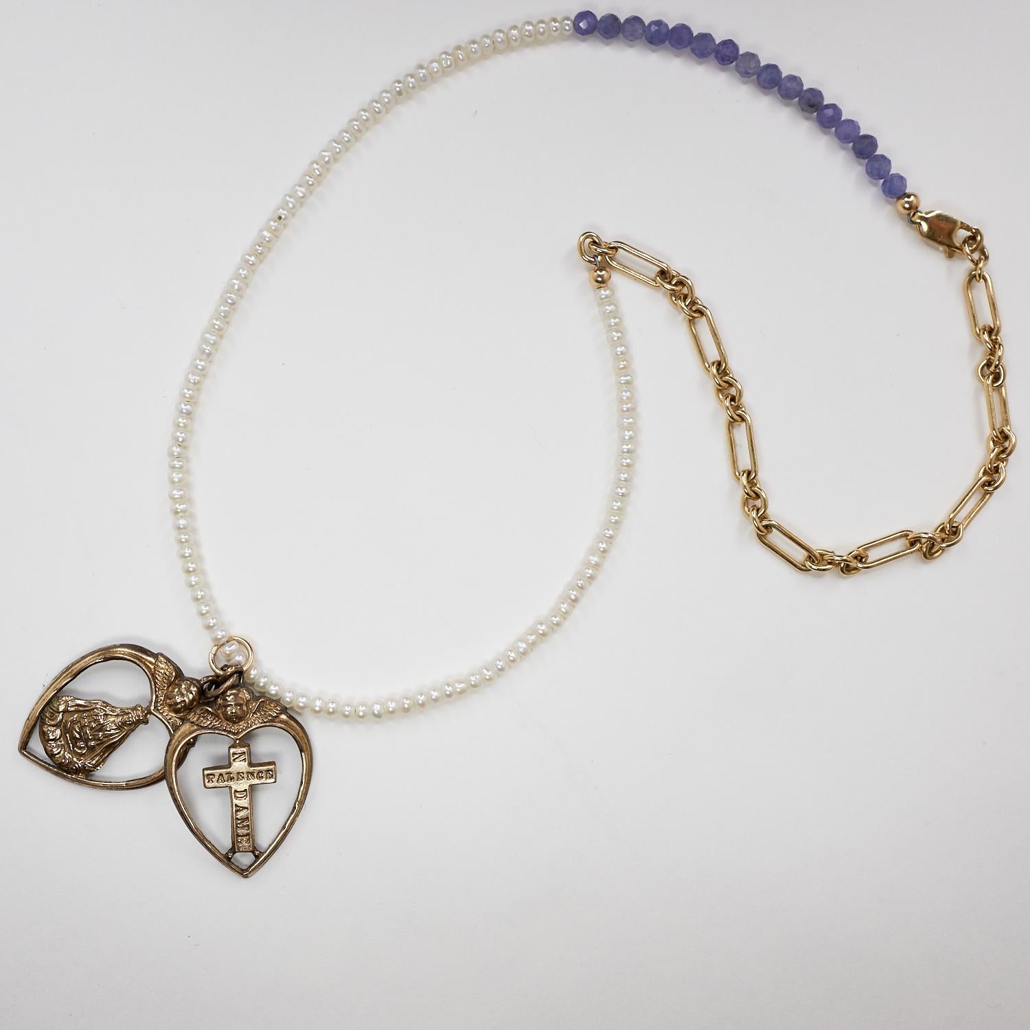 Heart Angel Cross White Pearl Tanzanite Necklace Choker Gold Religious In New Condition For Sale In Los Angeles, CA