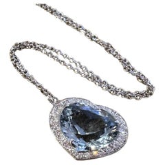 Collana con ciondolo a forma di cuore con acquamarina e diamante, platino e catena 14k