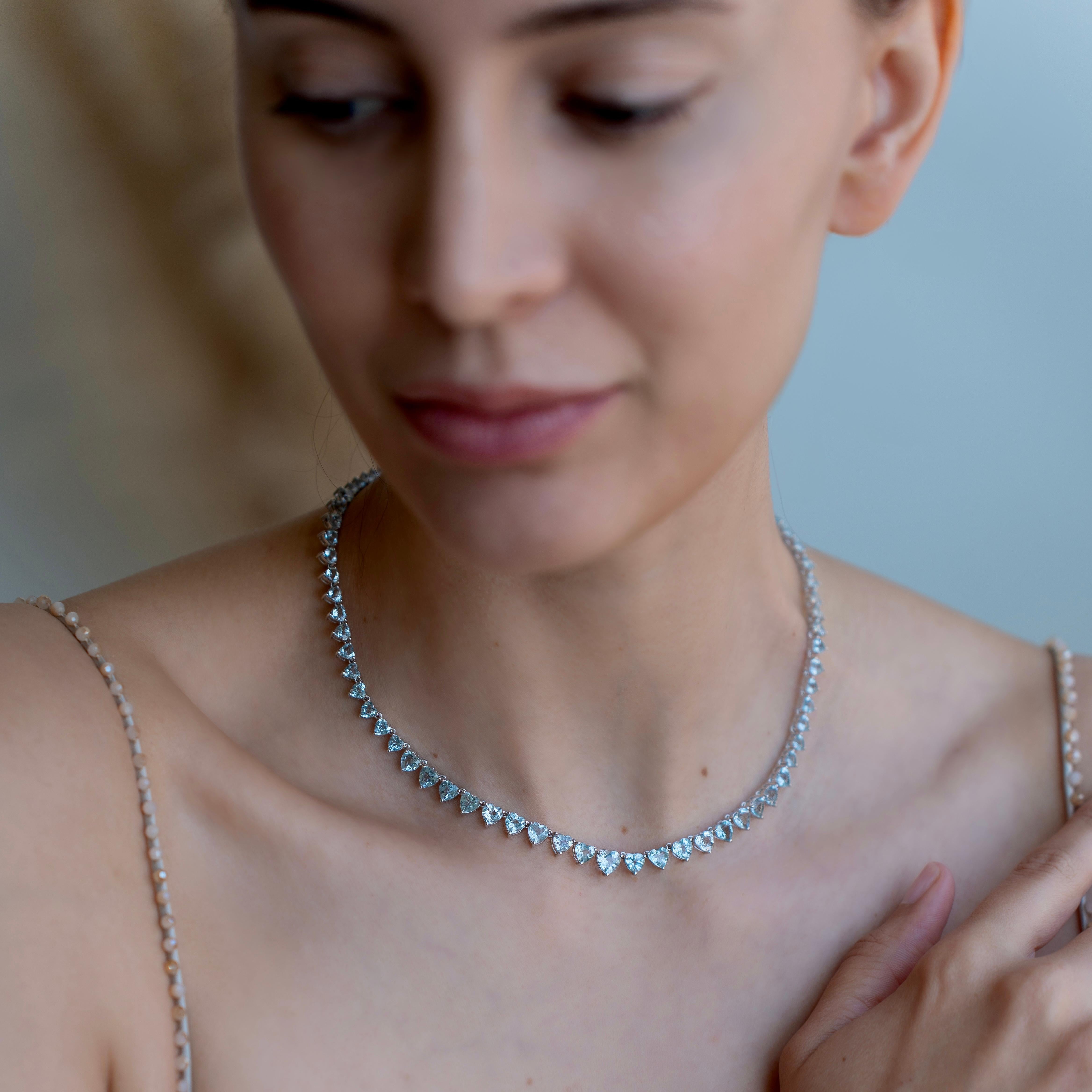 Contemporary Nina Zhou Heart Aquamarine Riviera Graduated Tennis Necklace in White Gold For Sale
