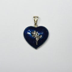 Heart Art Nouveau Dark Blue Enamel White Diamonds 14 Karat Yellow Gold Pendant