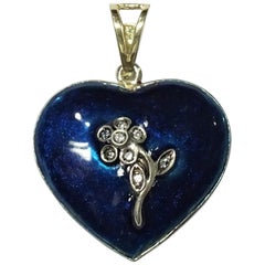 Heart Art Nouveau Dark Blue Enamel White Diamonds 14 Karat Yellow Gold Pendant