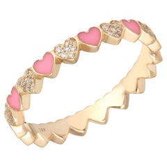 Heart Band 14K (or 18k upon request) Yellow Gold Pink Enamel Diamond Ring