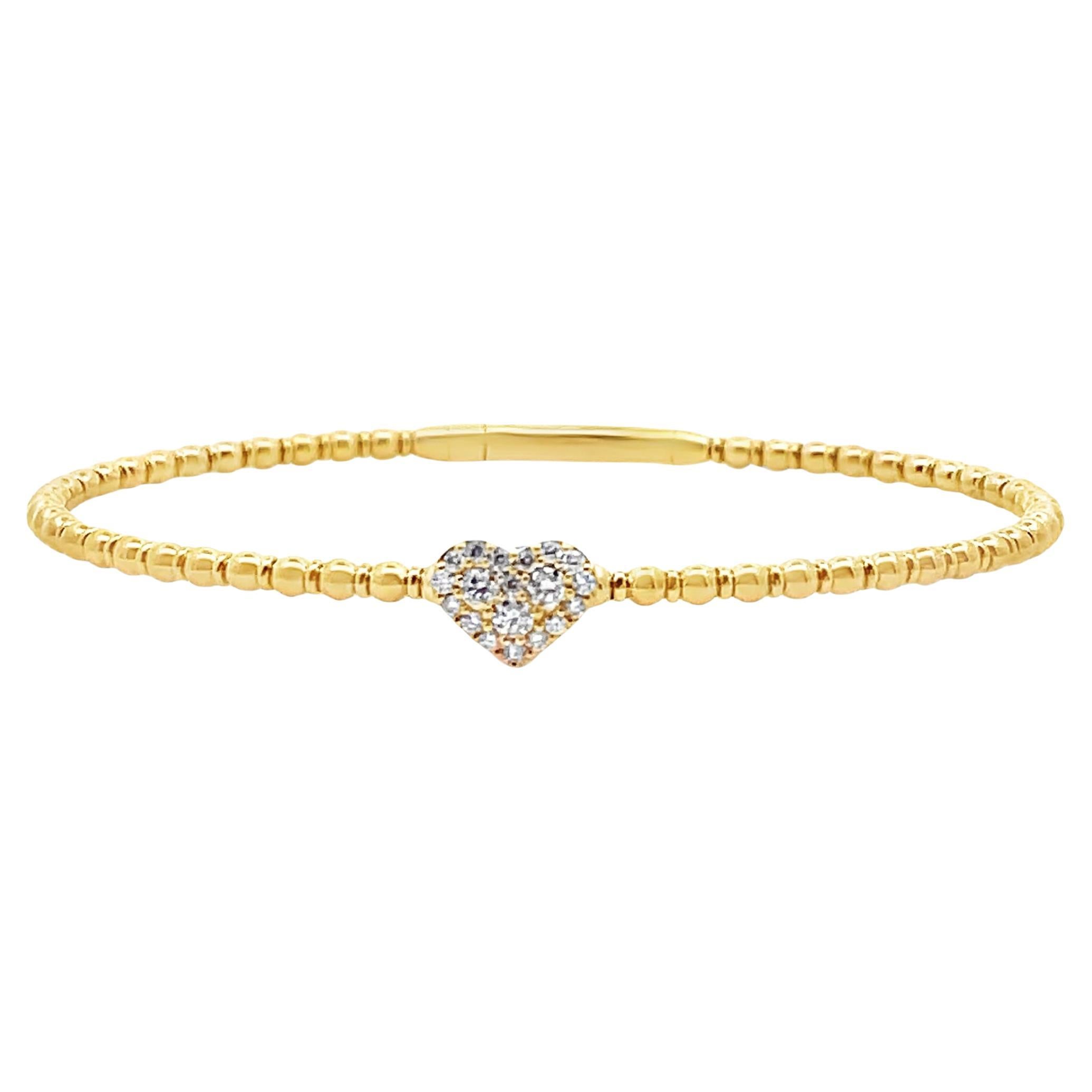 Heart Bangle Bracelet 14K Yellow Gold with Round Diamonds 0.19 Carat