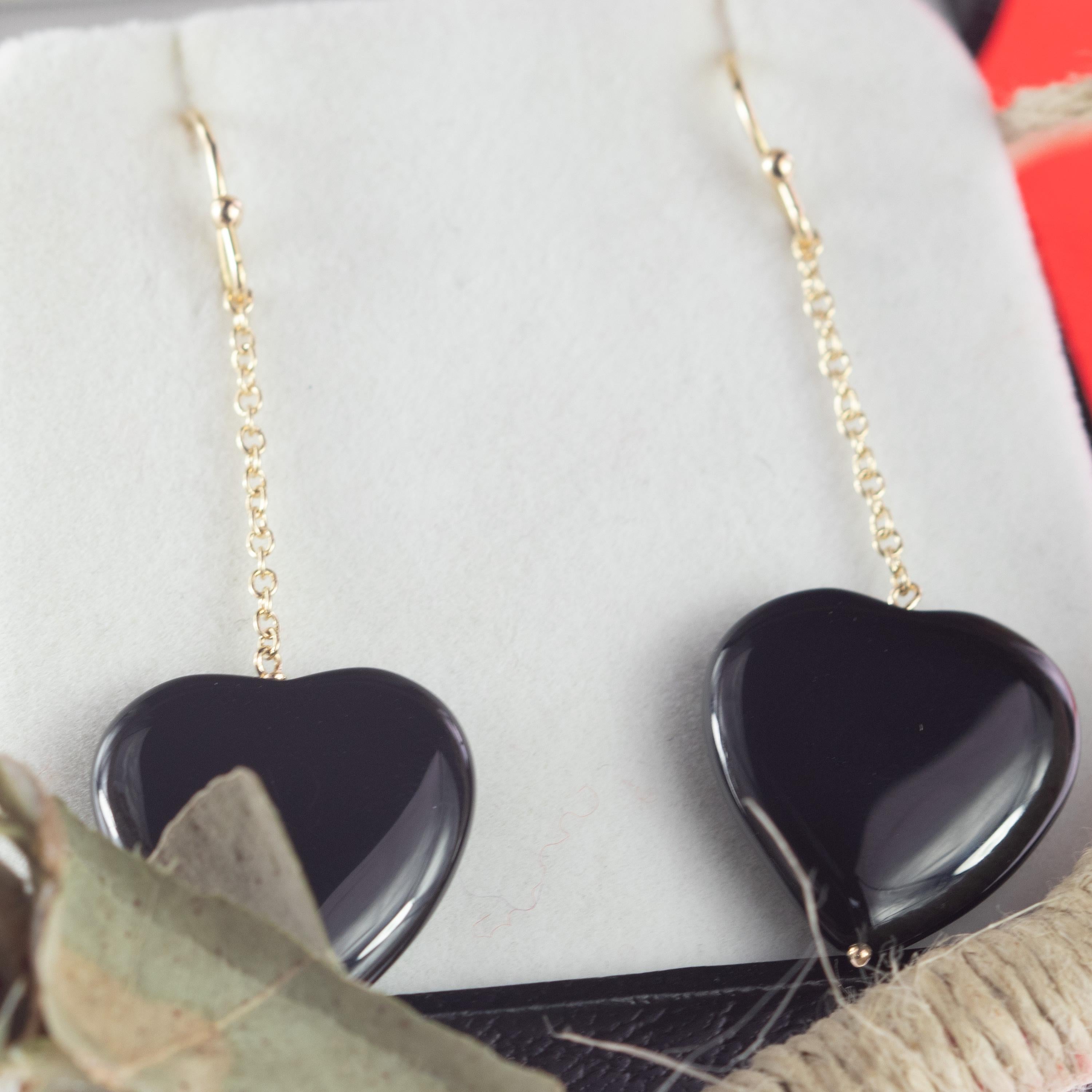 Romantic Heart Black Agate Love Yellow Gold Dangle Valentine's Day Drop Earwire Earrings For Sale
