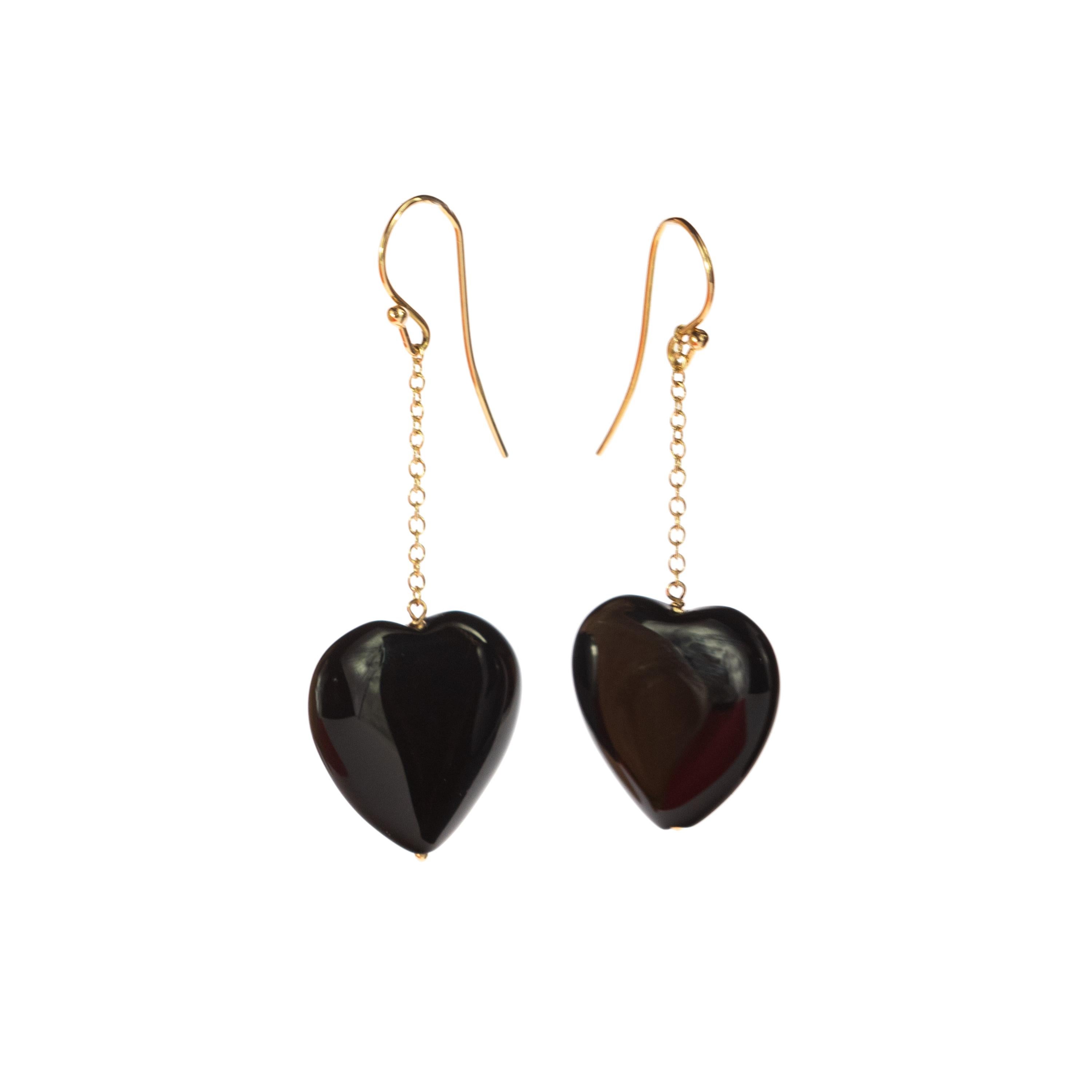 Heart Cut Heart Black Agate Love Yellow Gold Dangle Valentine's Day Drop Earwire Earrings For Sale