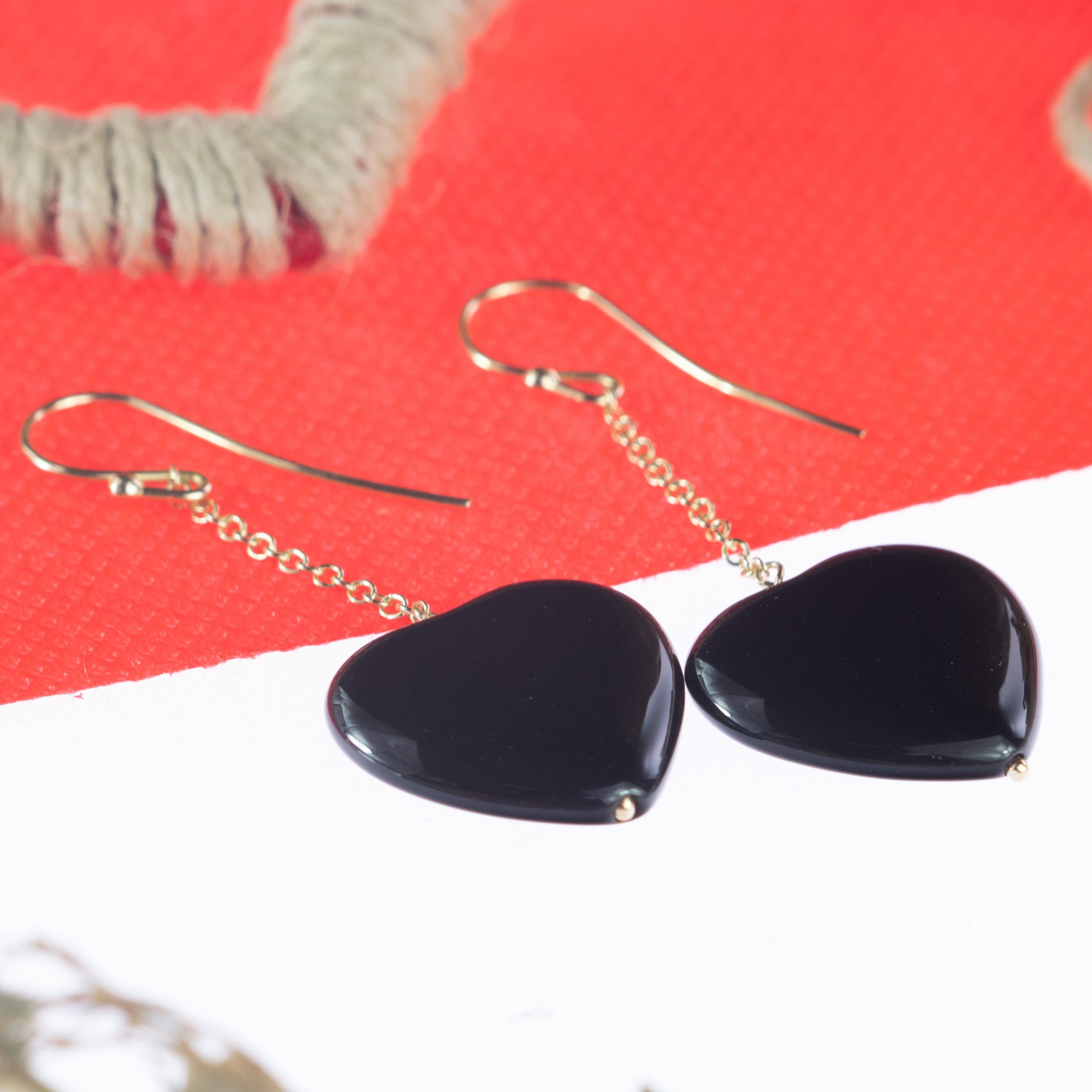 Heart Black Agate Love Yellow Gold Dangle Valentine's Day Drop Earwire Earrings For Sale 1