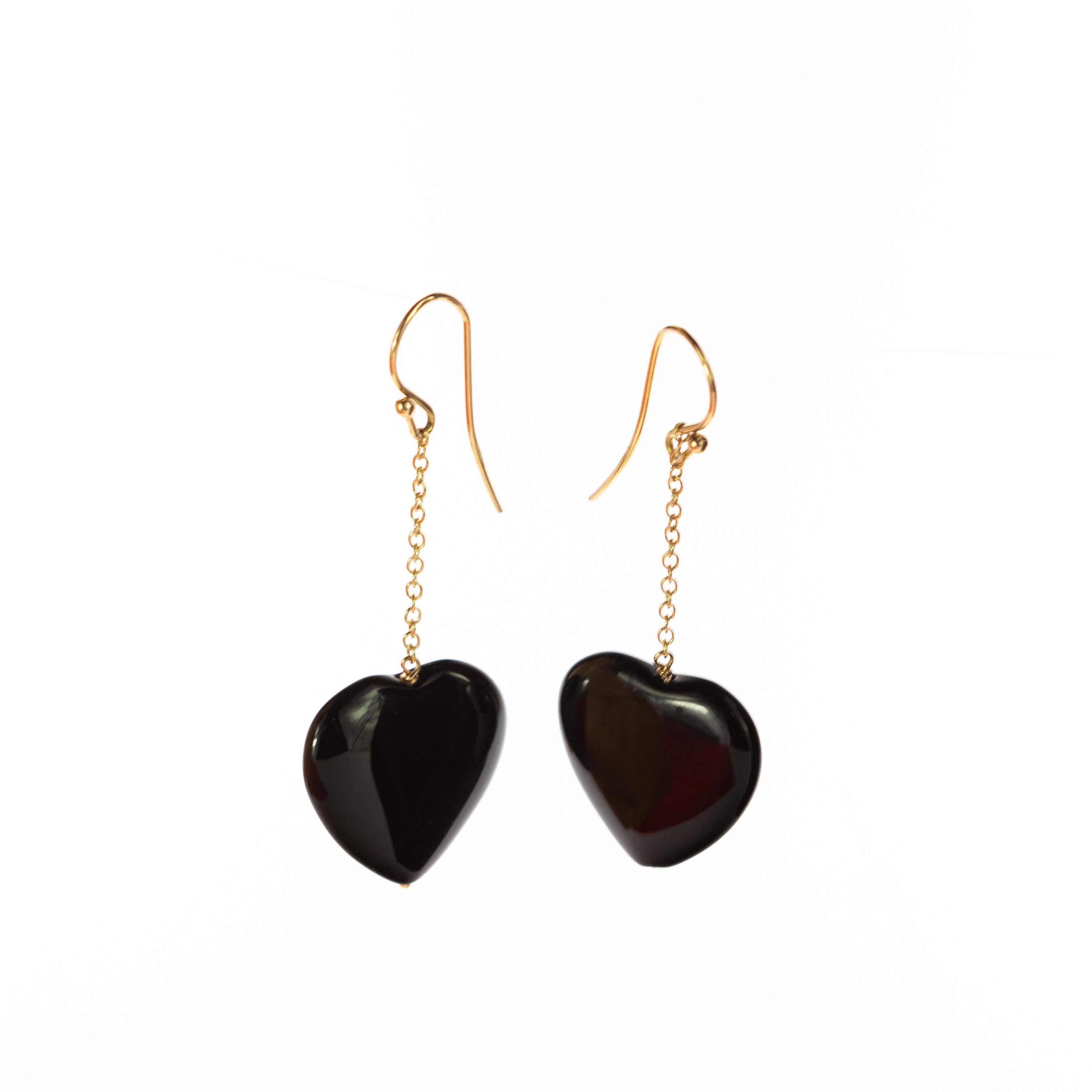 Heart Black Agate Love Yellow Gold Dangle Valentine's Day Drop Earwire Earrings For Sale 2
