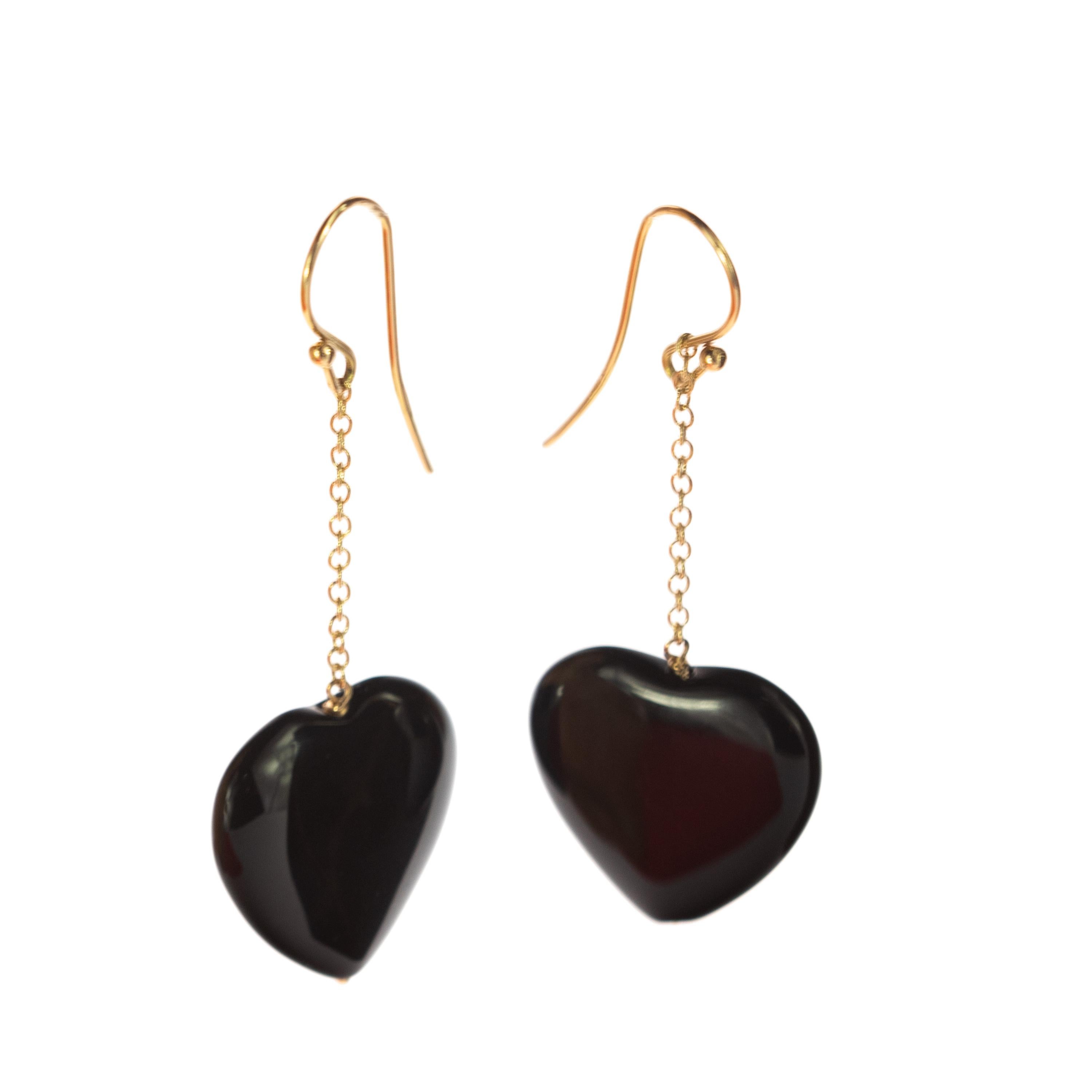 Heart Black Agate Love Yellow Gold Dangle Valentine's Day Drop Earwire Earrings For Sale 3