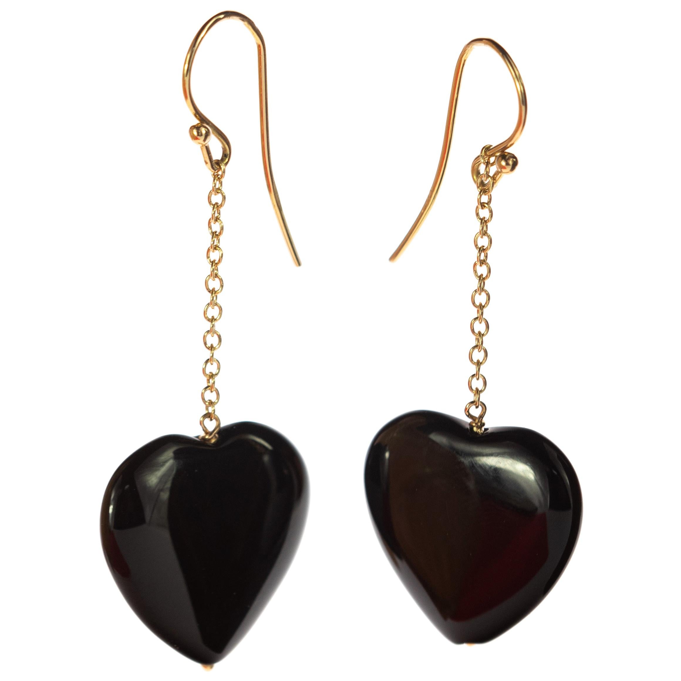 Heart Black Agate Love Yellow Gold Dangle Valentine's Day Drop Earwire Earrings For Sale