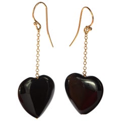 Heart Black Agate Love Yellow Gold Dangle Valentine's Day Drop Earwire Earrings