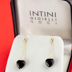Heart Black Agate Yellow Gold Dangle Valentine's Day Drop Love Chic Earrings