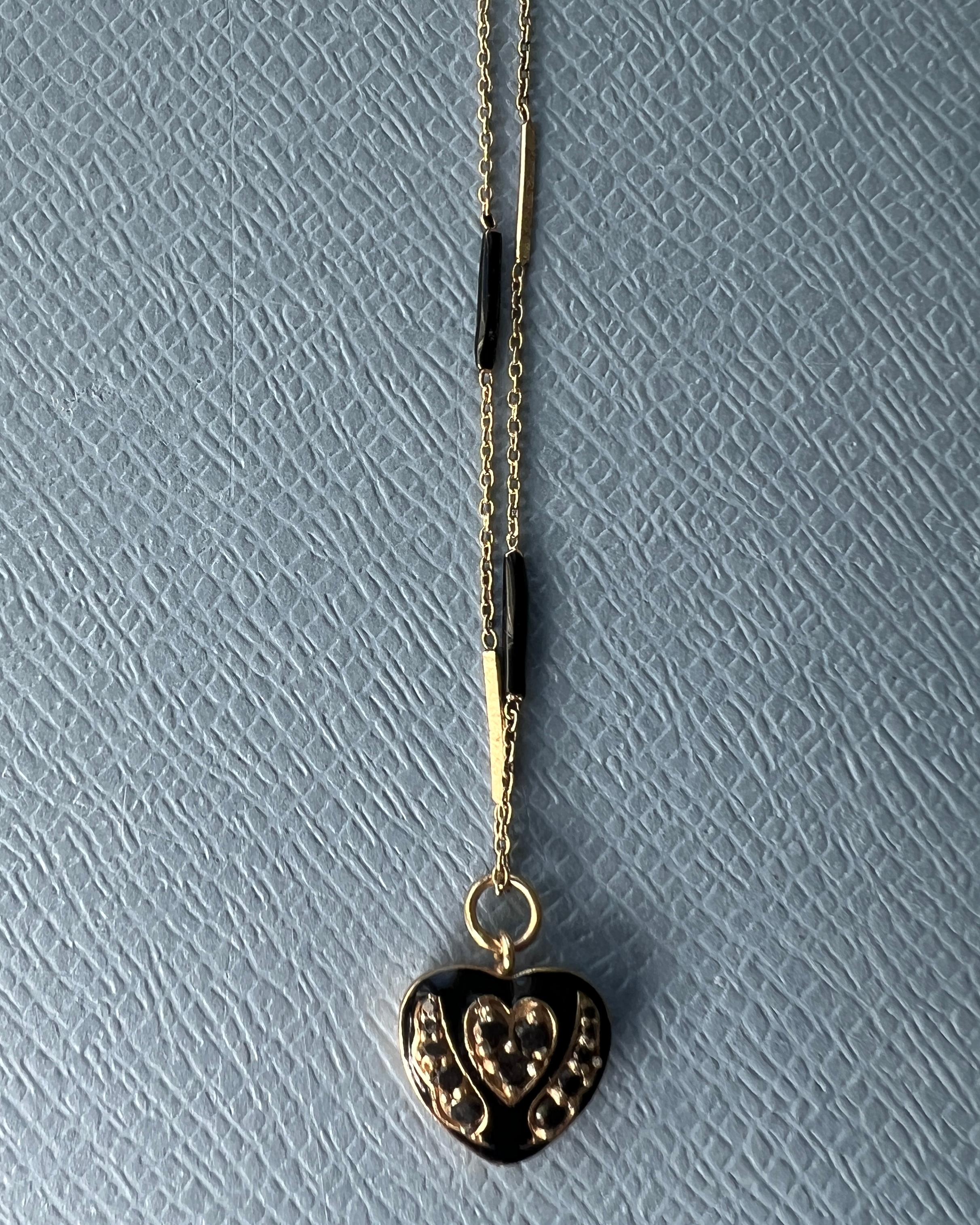 Contemporary Heart Black Diamond Necklace Black Enamel For Sale