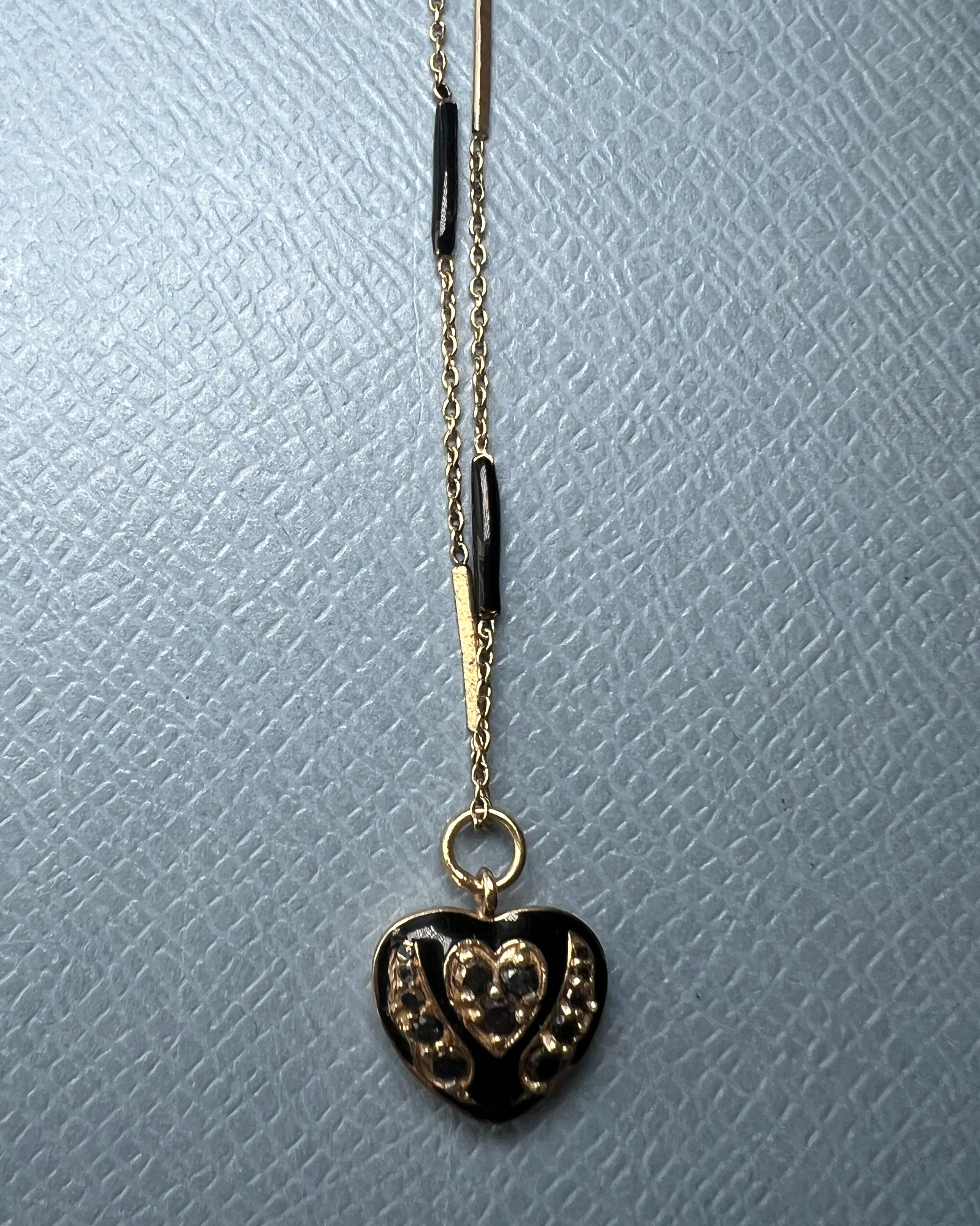 Single Cut Heart Black Diamond Necklace Black Enamel For Sale