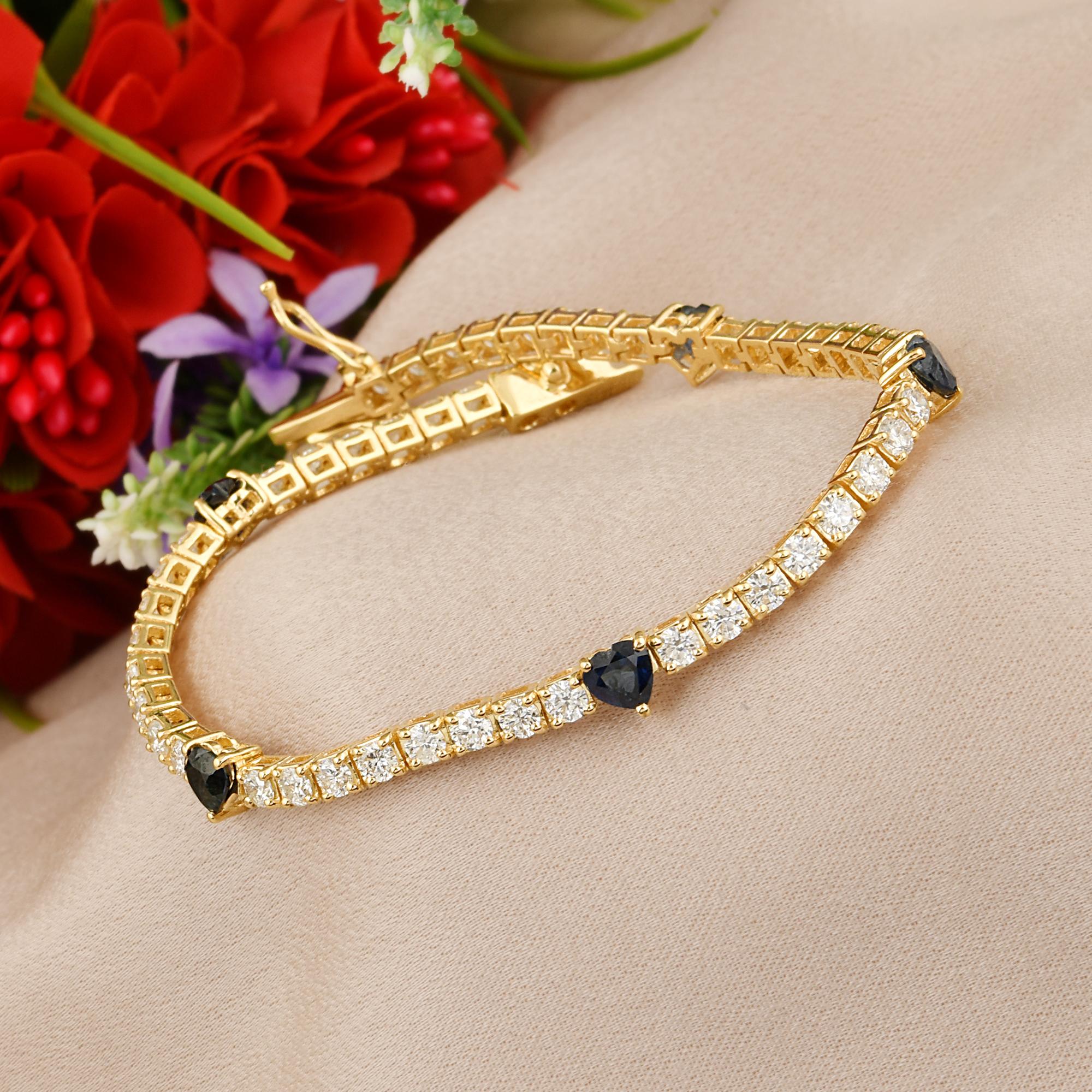 Modern Heart Blue Sapphire Gemstone Tennis Bracelet Diamond 18kt Yellow Gold Jewelry For Sale