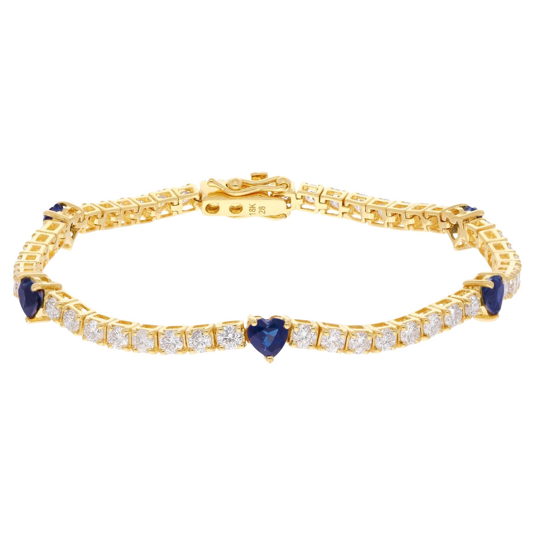 Heart Blue Sapphire Gemstone Tennis Bracelet Diamond 18kt Yellow Gold Jewelry For Sale