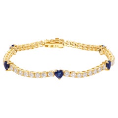 Bracelet tennis en or jaune 18 carats avec saphir bleu en forme de cœur et diamants