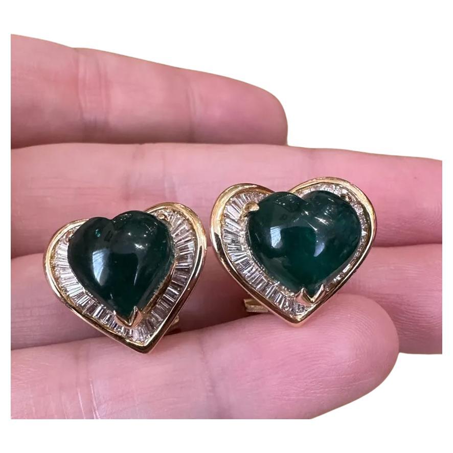 Heart Cabochon Emerald and Baguette Diamond Earrings in 18k Yellow Gold For Sale