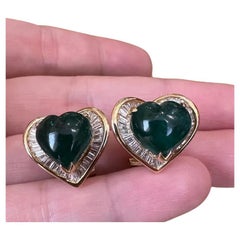 Vintage Heart Cabochon Emerald and Baguette Diamond Earrings in 18k Yellow Gold