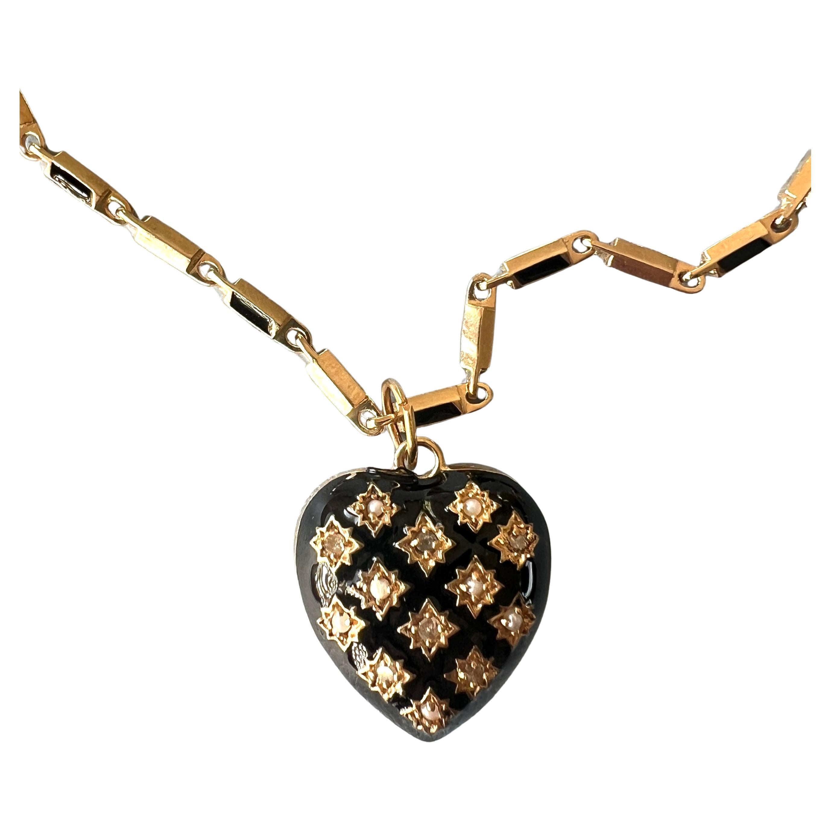 Heart Chain Necklace White Diamond Pearl Black Enamel
