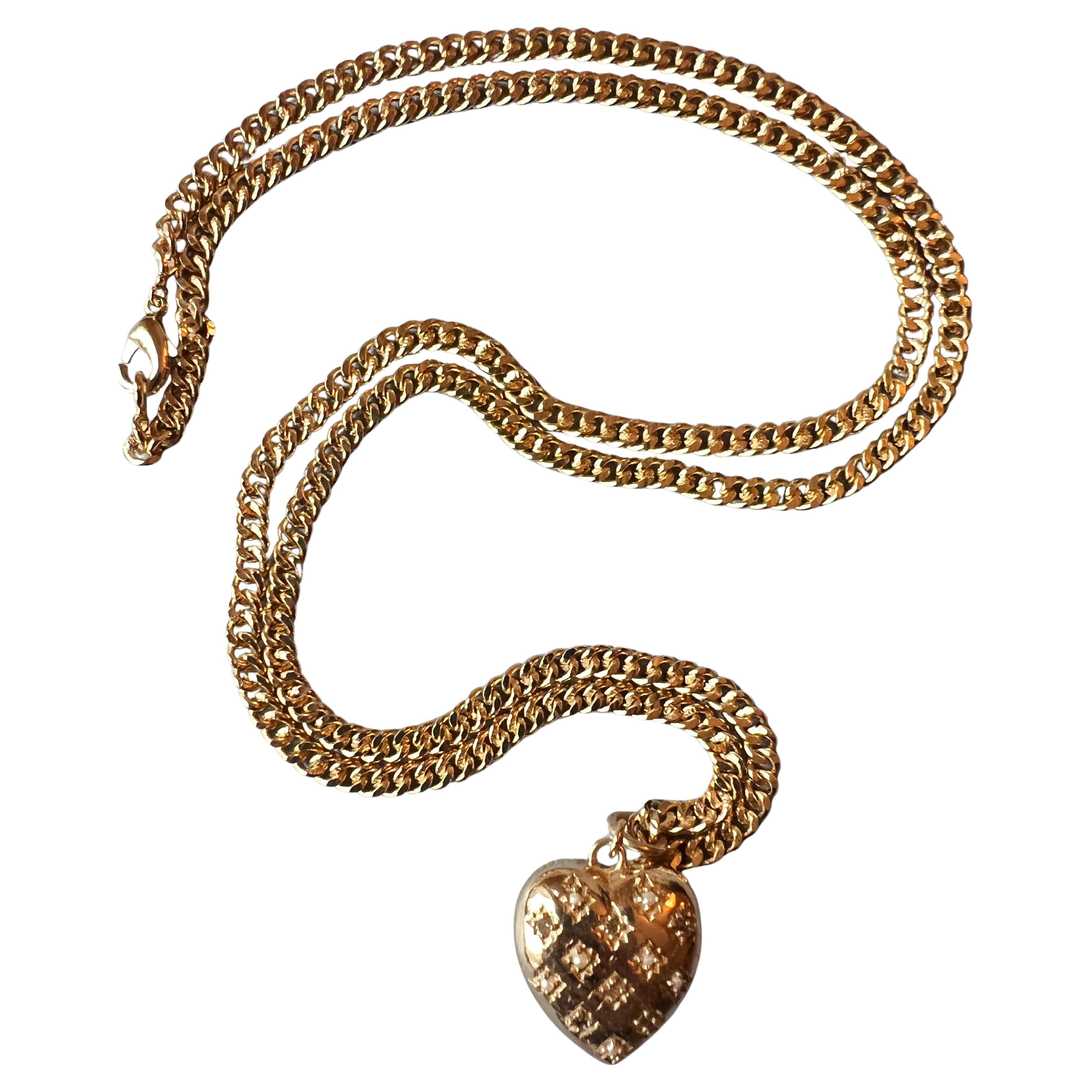 Heart Chain Necklace White Diamond White Pearl Victorian Style Puffy Heart
