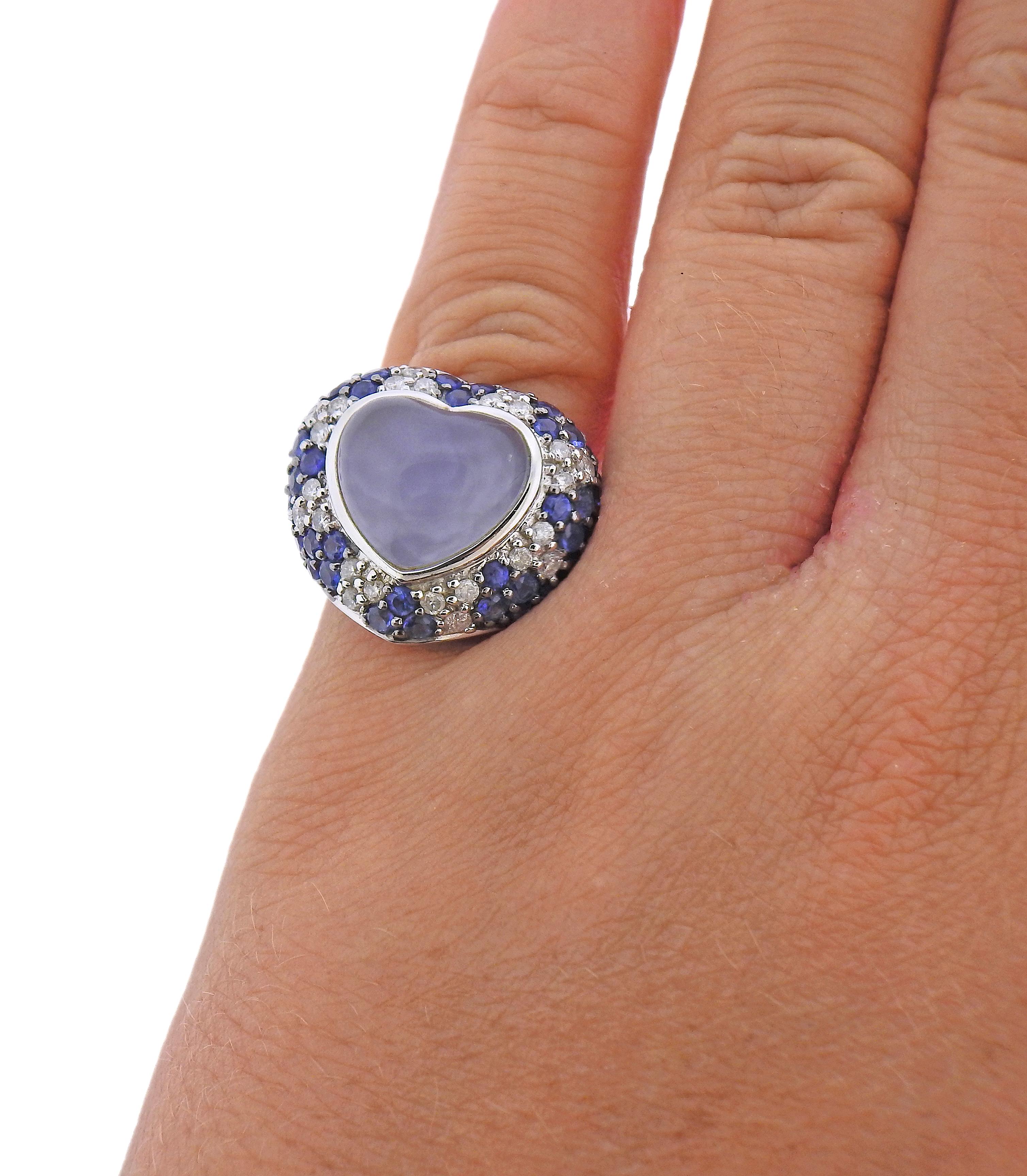 Women's Heart Chalcedony Diamond Sapphire Gold Ring