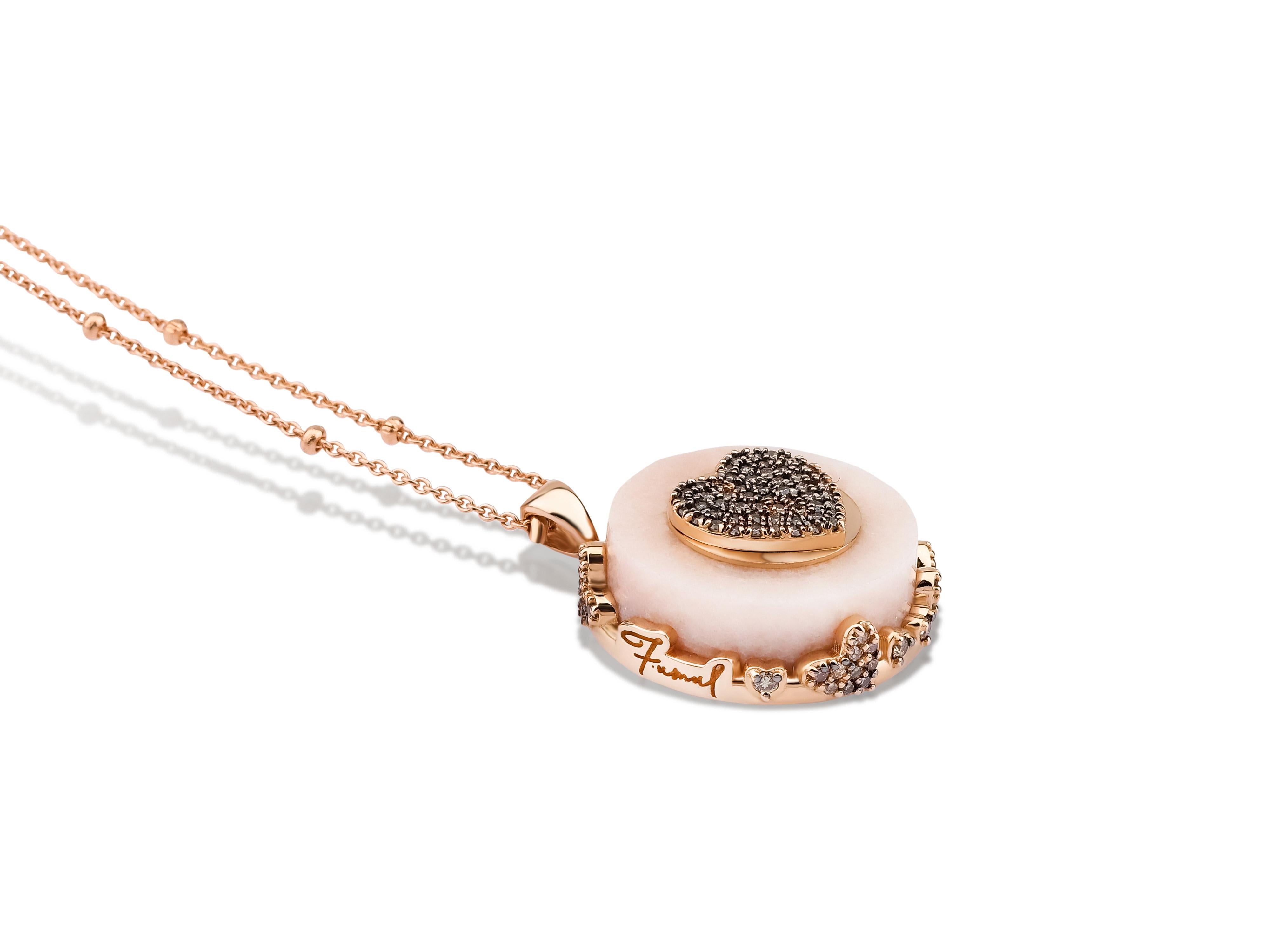 Contemporary Heart Charm Pink Marble Necklace With 14k Rose Gold and .78ct Brown Diamonds For Sale