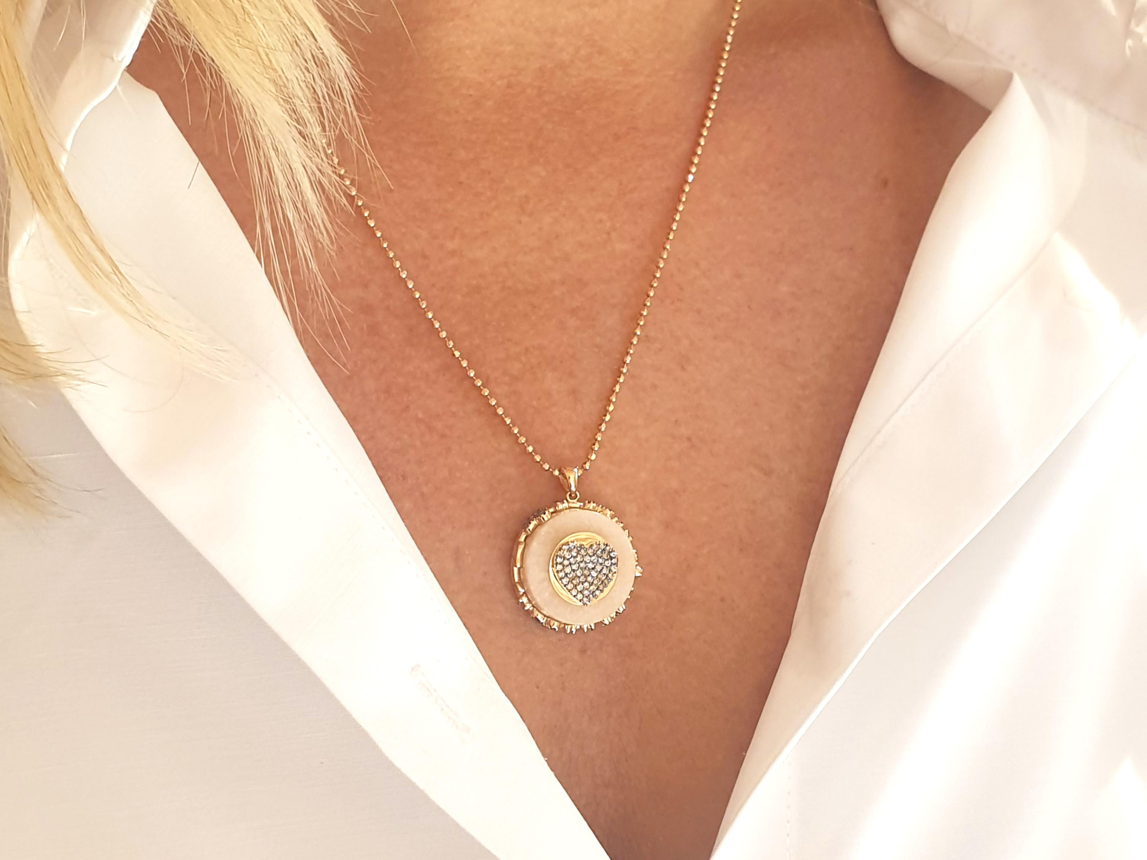 Heart Charm Pink Marble Necklace With 14k Rose Gold and .78ct Brown Diamonds In New Condition For Sale In Istanbul, TR