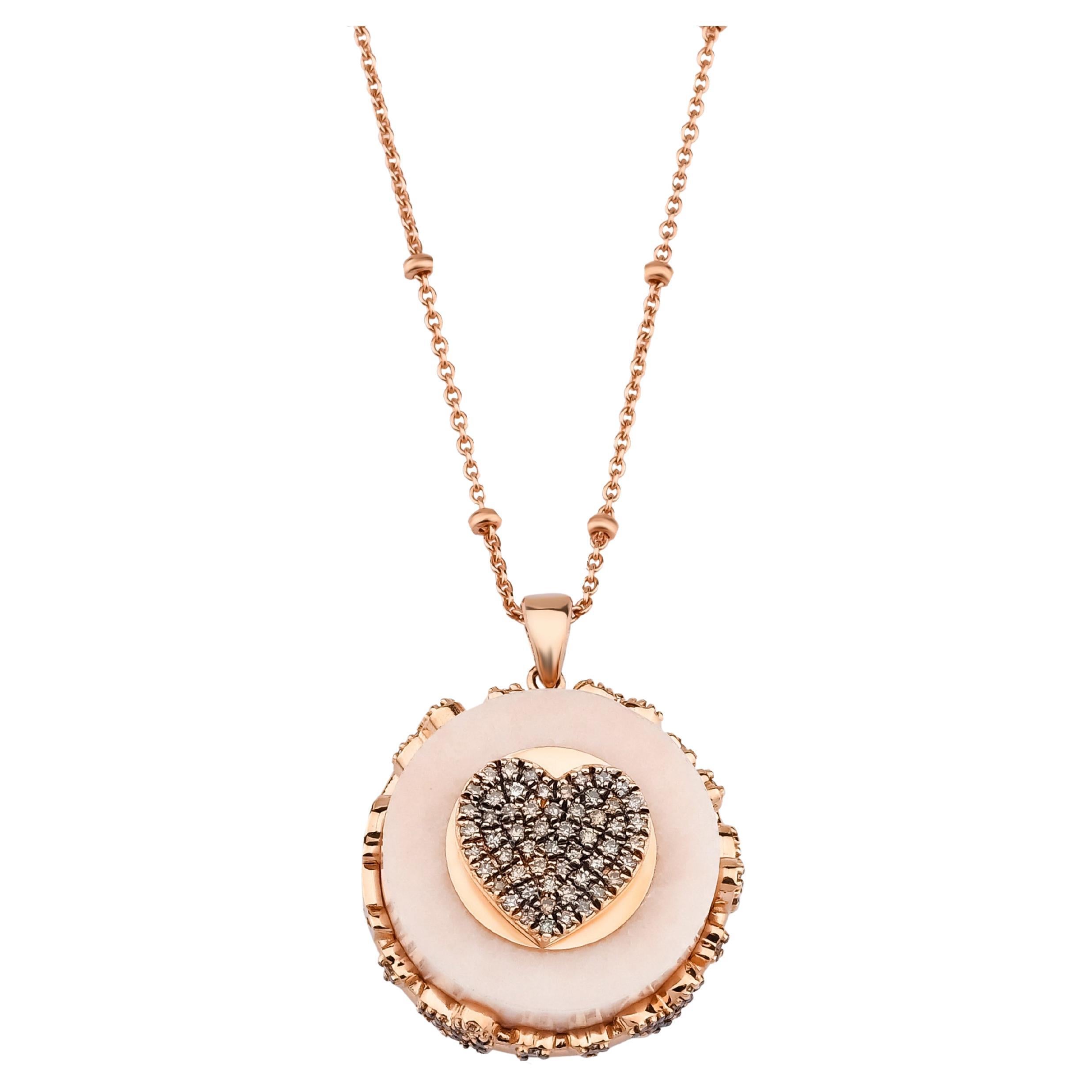 Heart Charm Pink Marble Necklace With 14k Rose Gold and .78ct Brown Diamonds