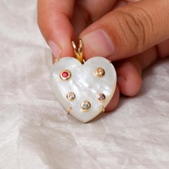 Heart Charm Solid 14k Yellow Gold Multi Sapphire Mother Of Pearl Gems Pendant