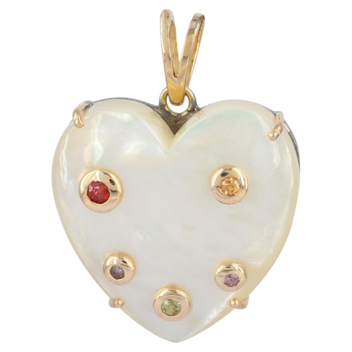Heart Charm Solid 14k Yellow Gold Multi Sapphire Mother Of Pearl Gems Pendant For Sale